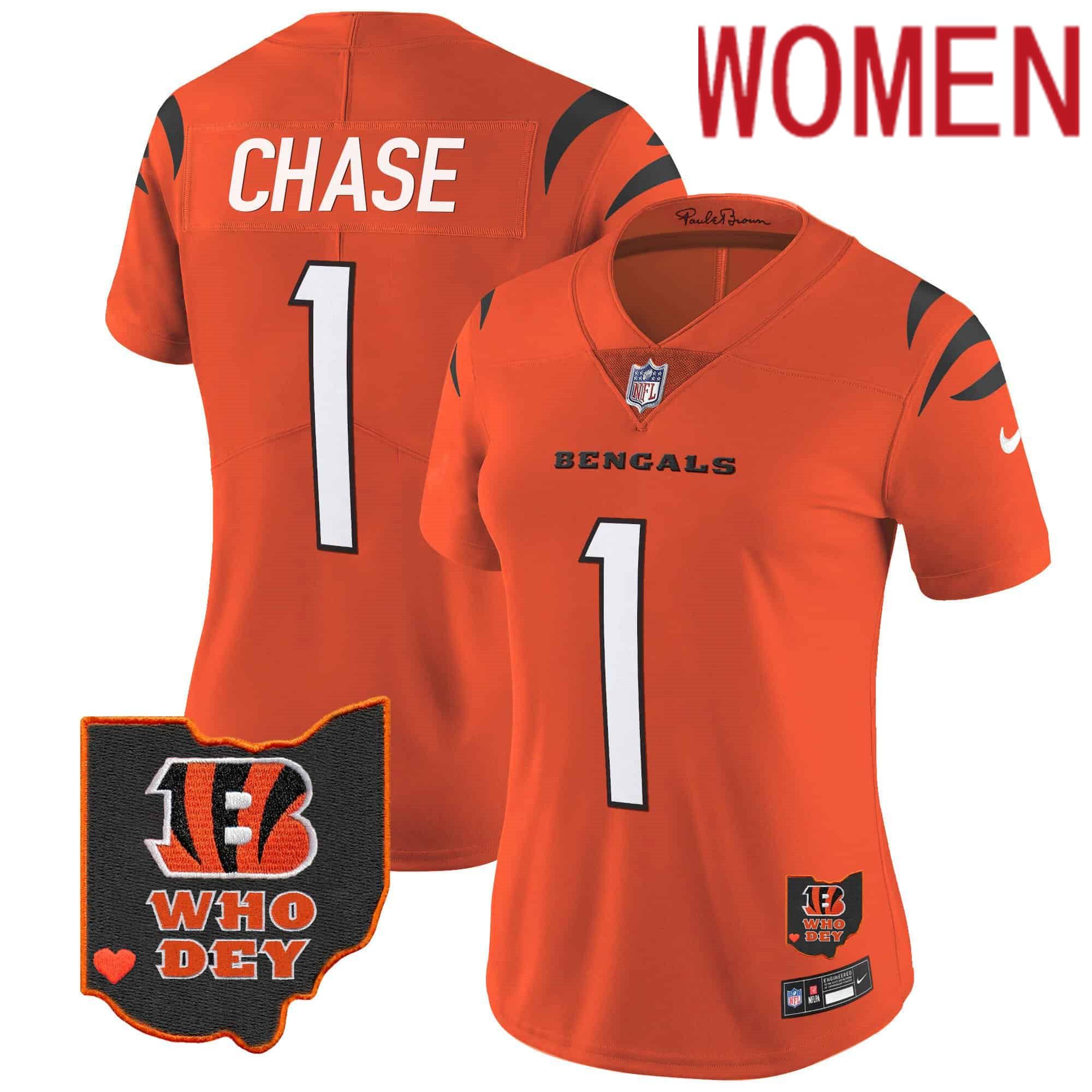 Women Cincinnati Bengals #1 Chase Orange 2024 Nike Patch Vapor Limited NFL Jersey->women nfl jersey->Women Jersey